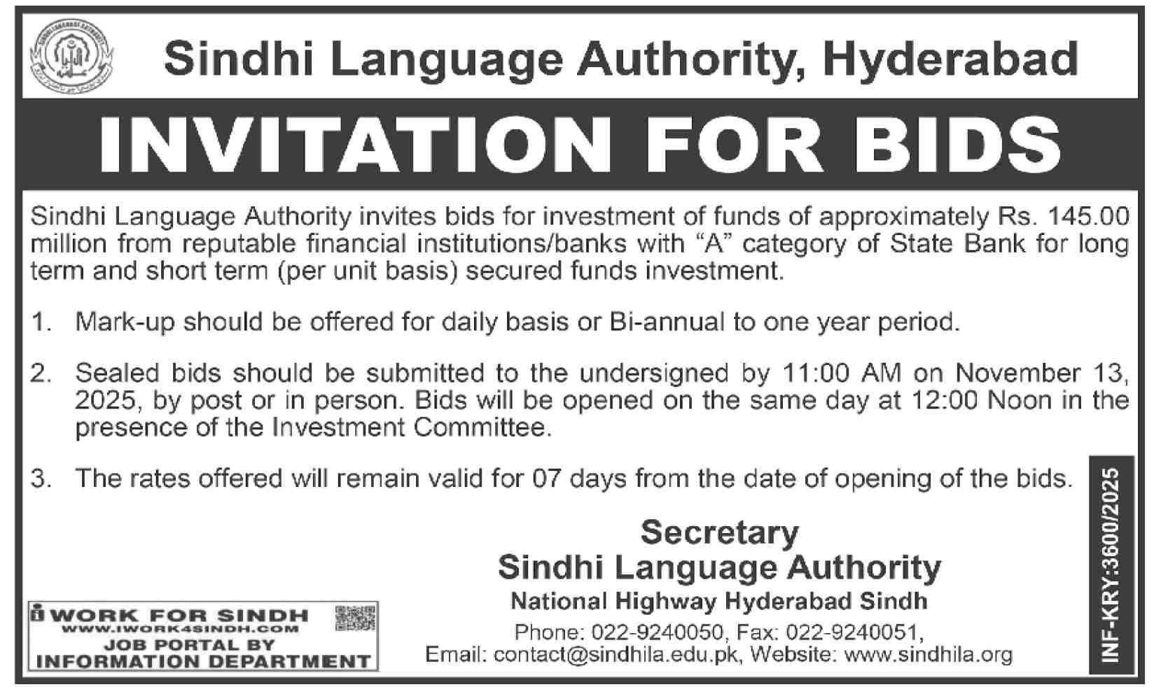 Sindh Language Authority Hyderabad Tender Notice